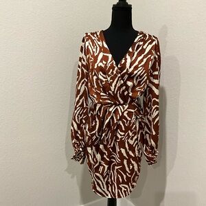 Brown and white Zebra print silk dress with belt tie